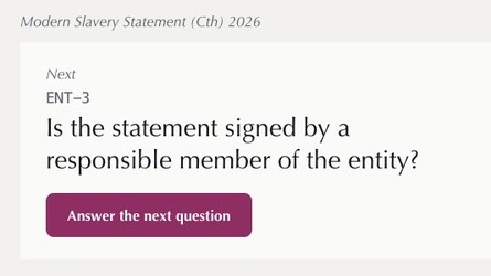 The Declared portal showing the next question in a company's Modern Slavery Statement, with a button to answer it.