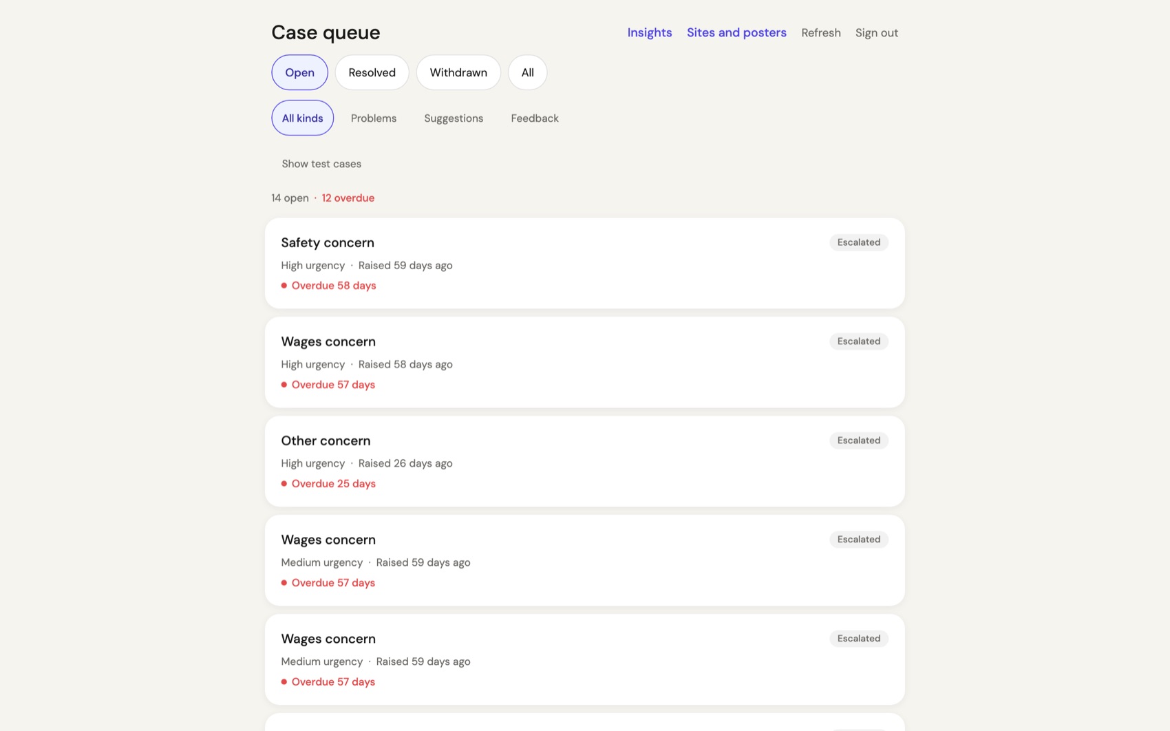 The Heard responder queue, leading with the most urgent open case and showing deadline state for each.