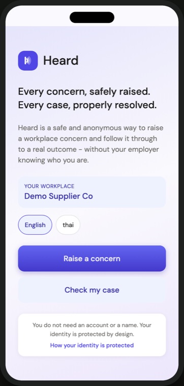 The Heard opening screen on a worker's phone, offering to raise a concern or check an existing case.