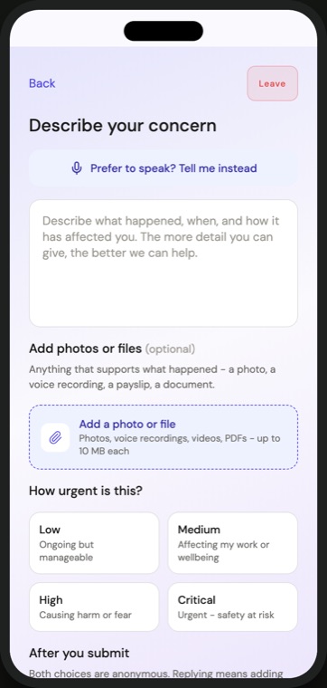 The Heard submission screen, where a worker describes the concern, can attach a photo or recording, and sets how urgent it is.